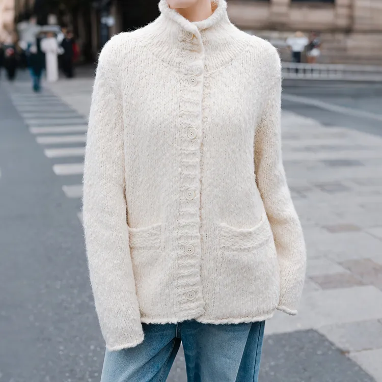 秋冬重磅宽松简约休闲针织开衫立领米杏色毛衣外套