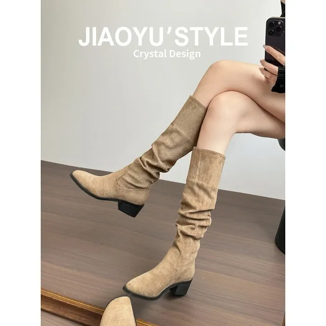 羊皮版骑士靴女2025粗跟秋冬款西部靴高筒复古显瘦褶皱堆堆靴长靴