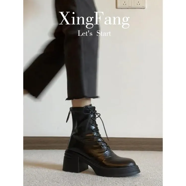 牛皮版~厚底粗高跟马丁靴女2025英伦风百搭显瘦圆头新疆浅色靴子