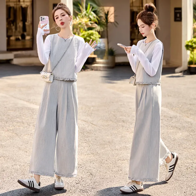 三件套显瘦气质洋气时尚休闲复古宽松春游出行衣服高质感阔腿裤子