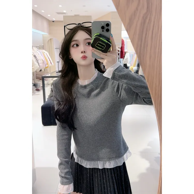 5571圆领拼纱绒面T恤