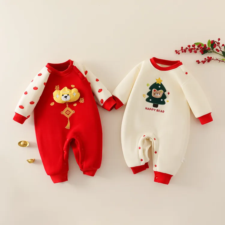 婴儿加绒加厚连体衣男女宝宝周岁喜庆百年服大红卫衣满月服
