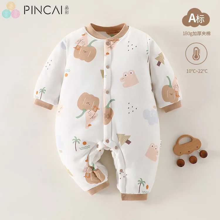 冬款婴儿连体衣夹棉三层保暖加厚新生儿衣服A类纯棉宝宝哈衣爬服