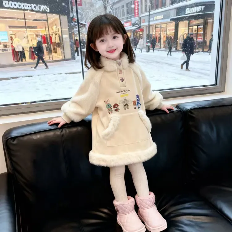 女宝宝卡通加绒卫衣裙洋气2025秋冬新款小女孩保暖毛毛拼接连衣裙