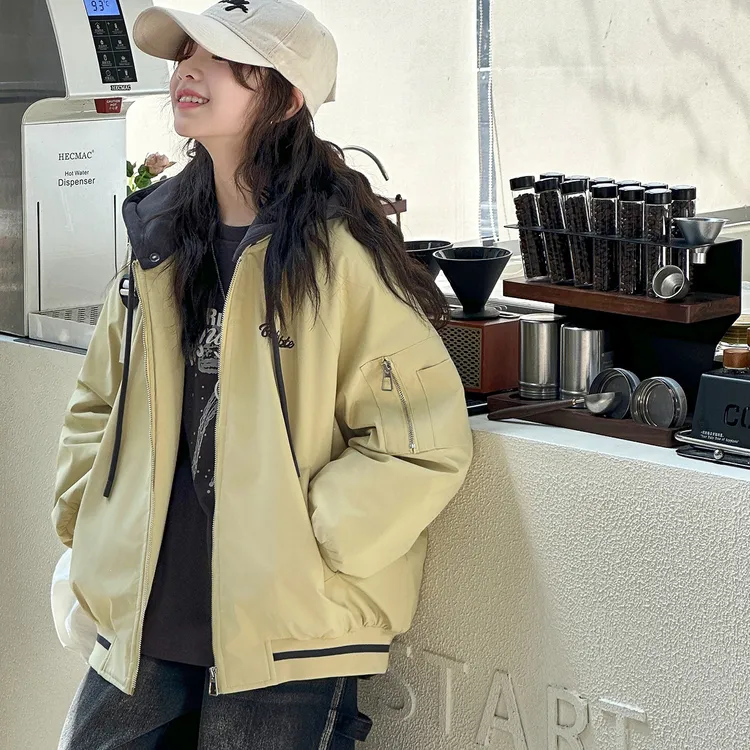 女大童夹棉外套秋冬装连帽上衣加厚青少年初高中生拉链衫夹克棉服