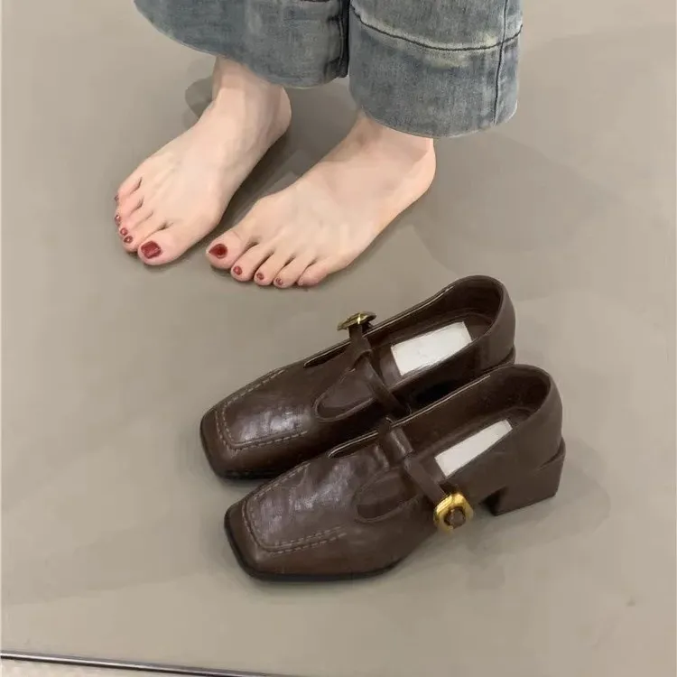 UHCK法式复古方头粗跟单鞋女春秋新款晚风韩版仙女高跟鞋玛丽珍小