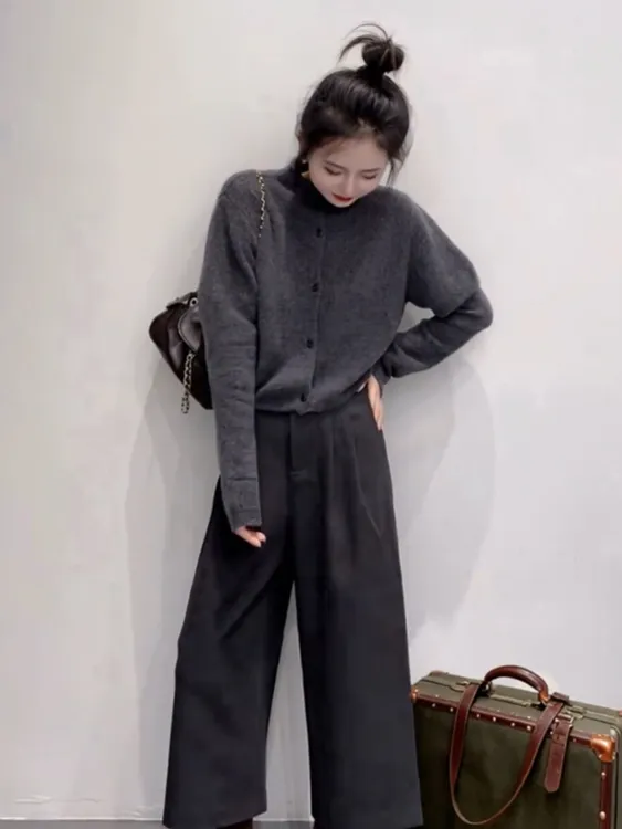 韩系慵懒风气质高级针织衫阔腿裤女装2025秋冬新款休闲设计感套装