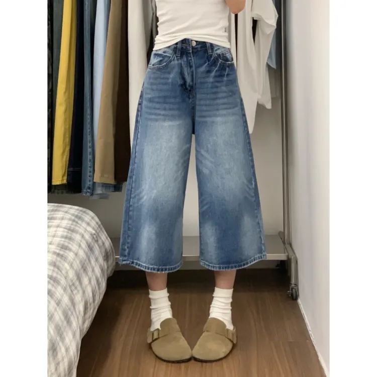 美式复古垂感直筒七分裤女2025夏季新款高腰显瘦宽松阔腿牛仔裤子