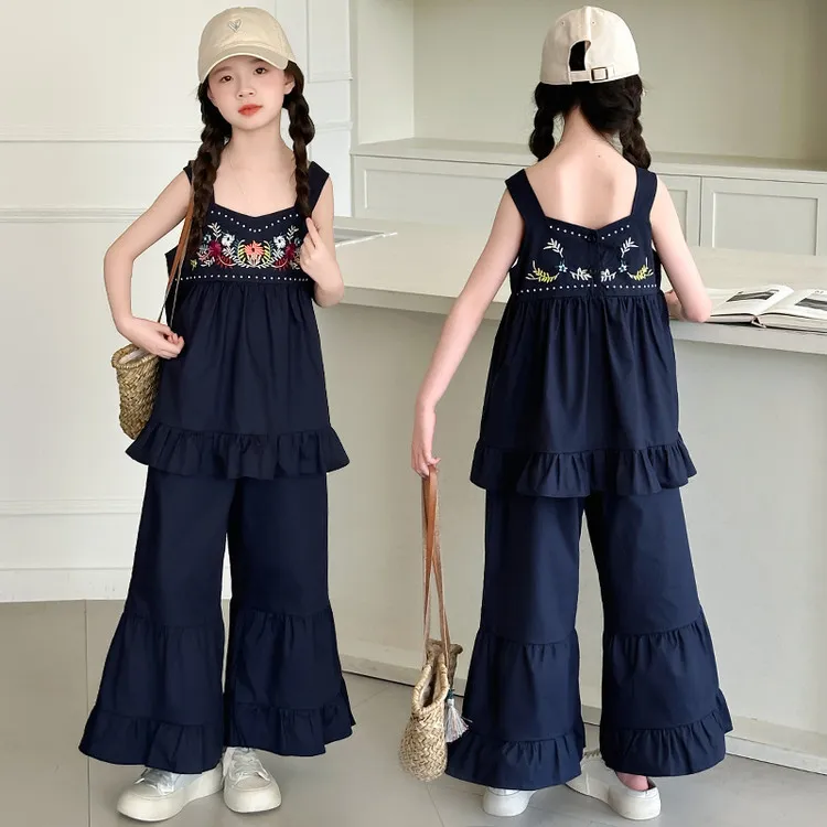 女童套装夏季薄款中大童无袖吊带喇叭裤两件套女孩民族风4-15岁13