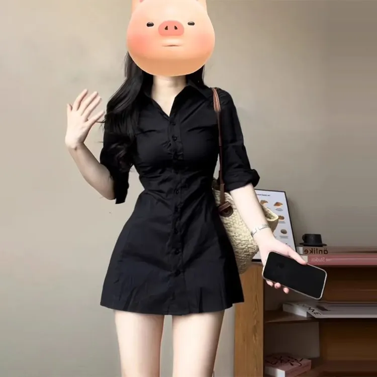 法式气质polo衬衫连衣裙子女深早春季2025新款收腰修身显瘦小黑裙