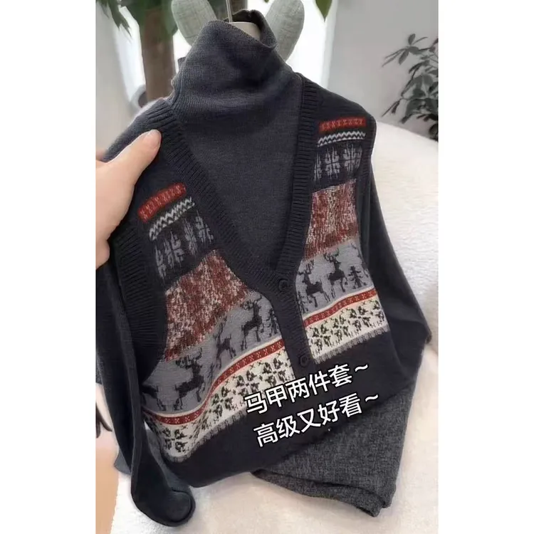 欧货2025秋冬时尚穿搭一整套高级感百搭打底针织马甲叠穿两件套