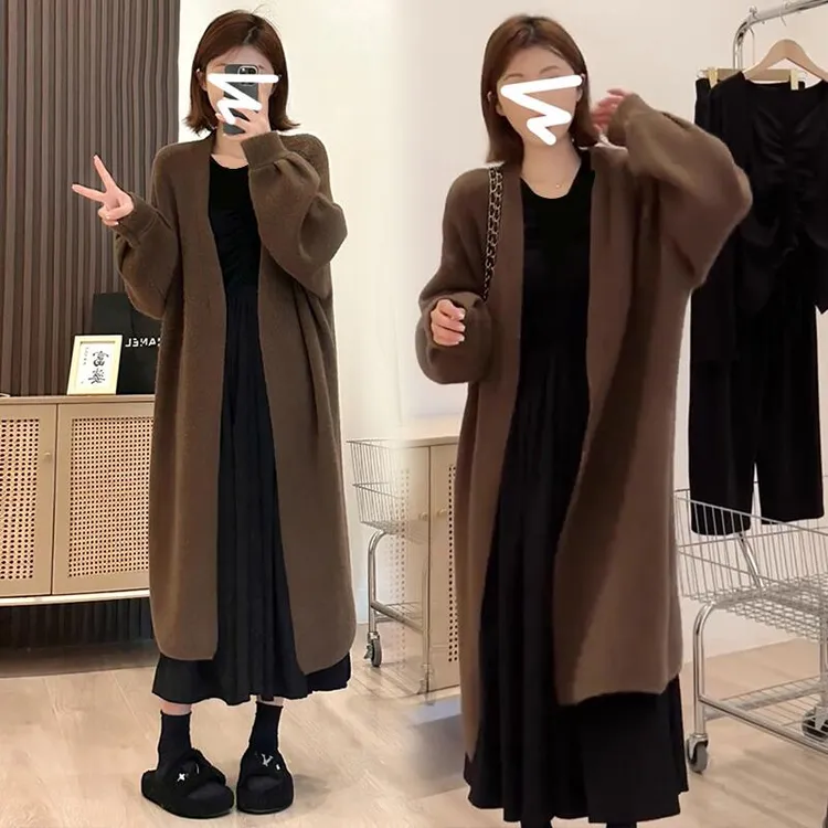时髦孕妇装新款网红韩版孕妇毛衣外套针织开衫黑色打底连衣裙套装