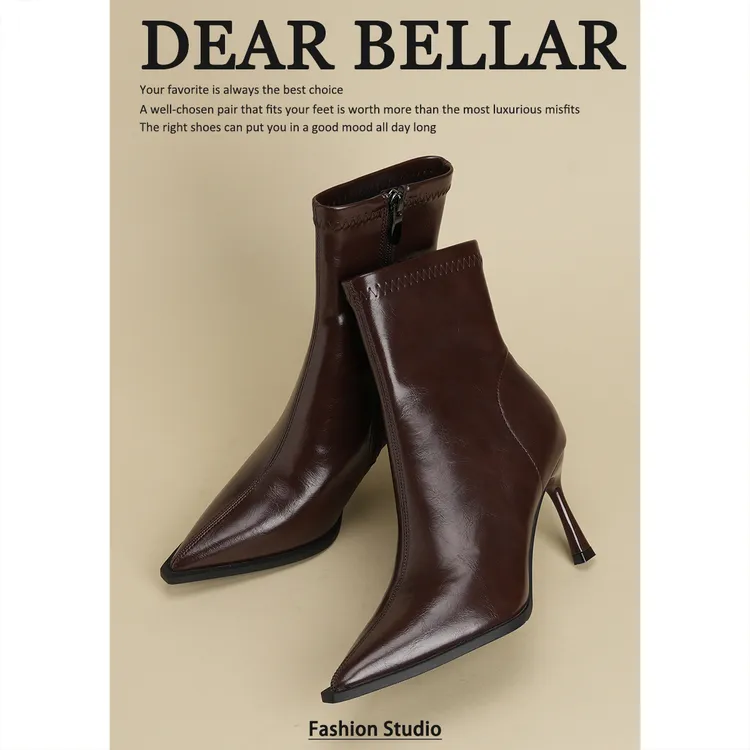 气质法式裸靴秋冬尖头细跟高跟短靴女时尚高跟跟鞋真皮时装靴2025