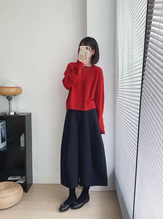 【暖云天】韩系气质红色针织衫套头毛衣上衣黑色大裤脚九分裤套装