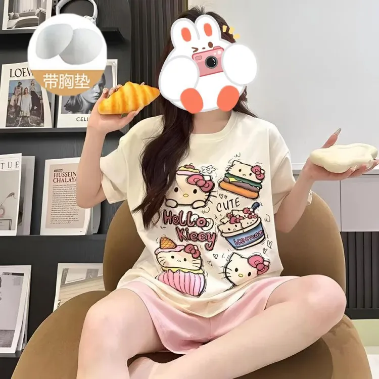 短裤夏季短袖睡衣家居服套装印花减龄套装宽松可外穿带胸垫睡衣