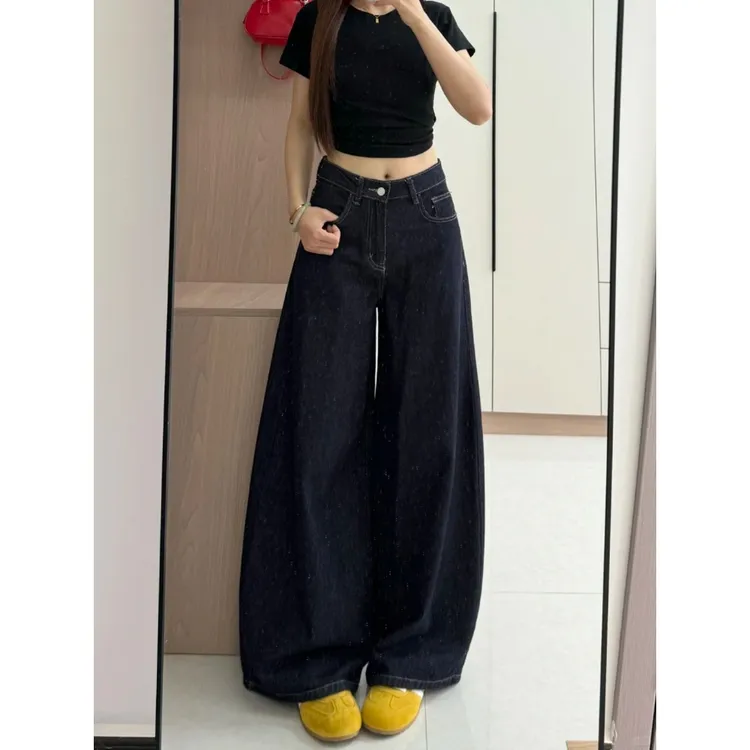 美式复古简约高级感阔腿牛仔裤女2025夏季遮胯显瘦显高垂感拖地裤