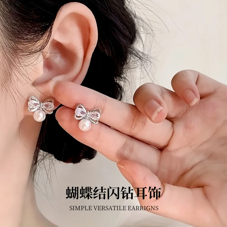 925银耳饰 蝴蝶结闪钻纯银耳钉高级甜美精致日常梦幻仙女网红爆款