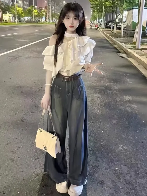 温柔风搭配一整套装女荷叶边短袖露肩衬衣高腰牛仔阔腿裤两件套夏