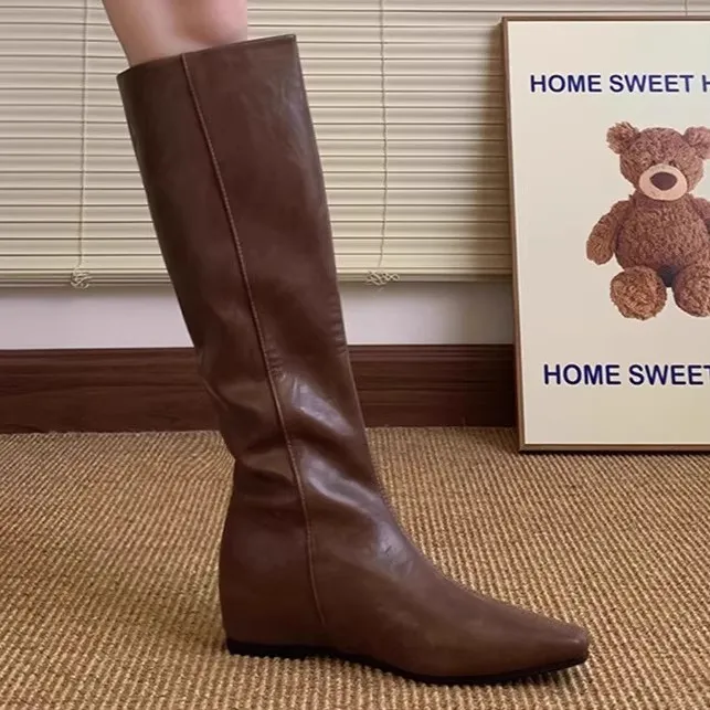 法式不过膝长筒靴英伦时装靴2025秋冬小个子方头内增高显瘦骑士靴
