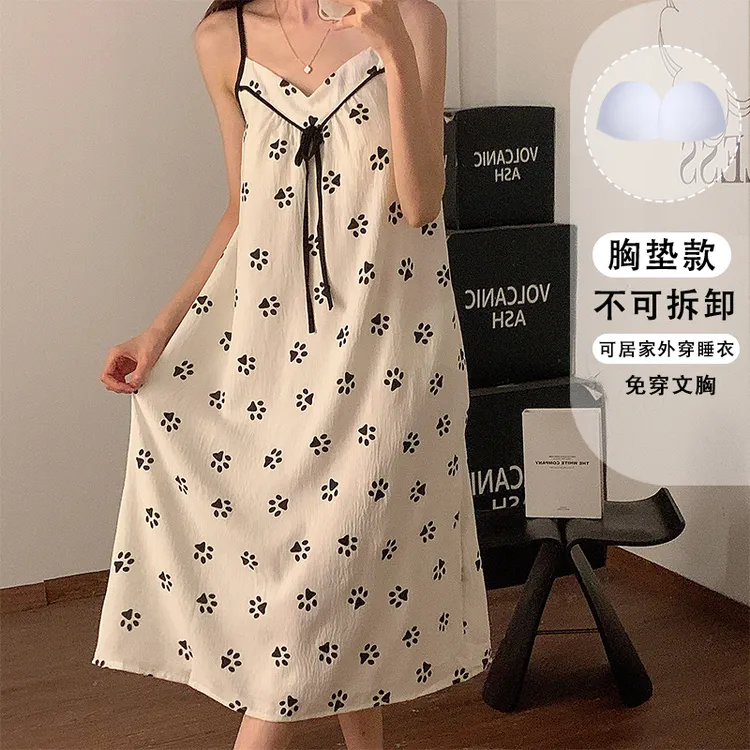 黑色ins蝴蝶结睡裙女生新款夏季带胸垫宽松吊带睡衣小个子家居服