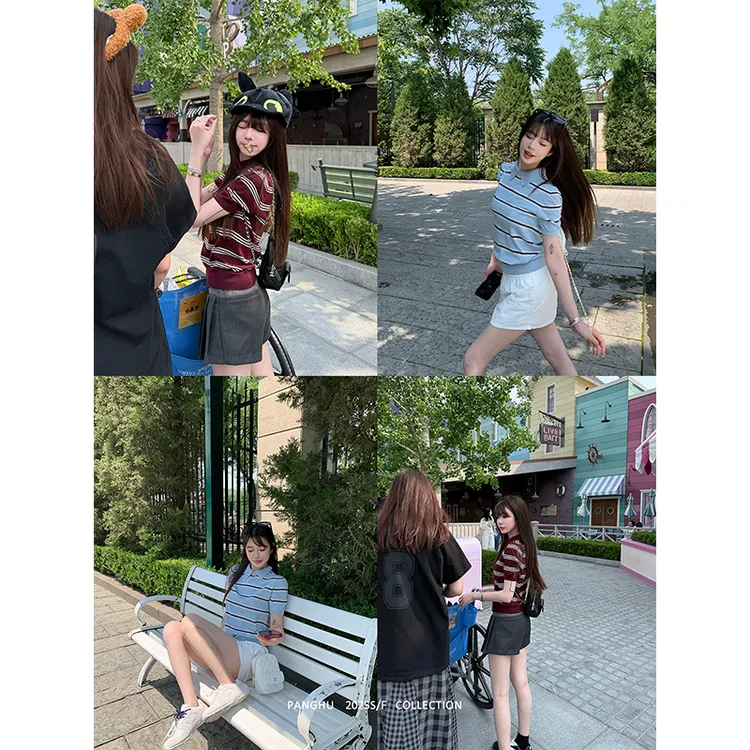 Panghu2025SF【高校学姐】韩系双色条纹polo针织上衣夏季百搭T恤