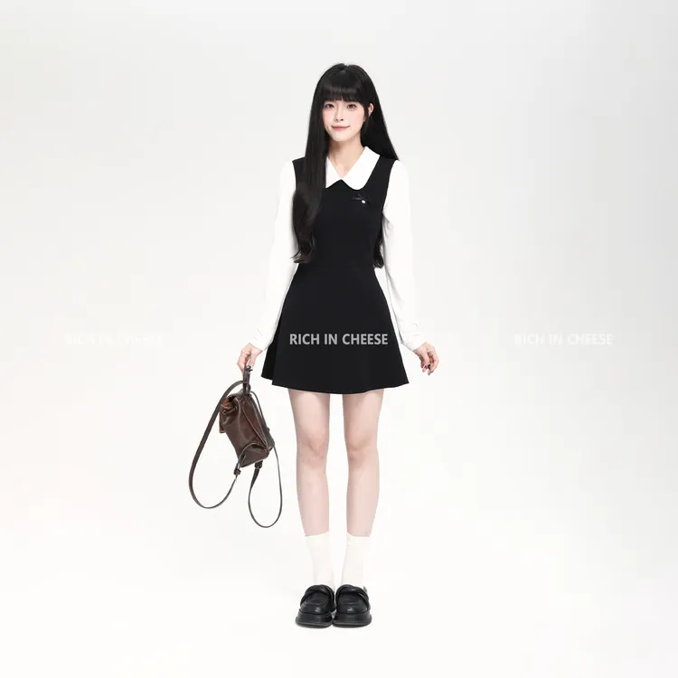 RICHINCHEESE 花宴少女 法式假两件黑白撞色设计针织弹力连衣裙