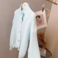 琳心丨秋冬新款蓝色慵懒风宽松百搭显瘦针织开衫 5028