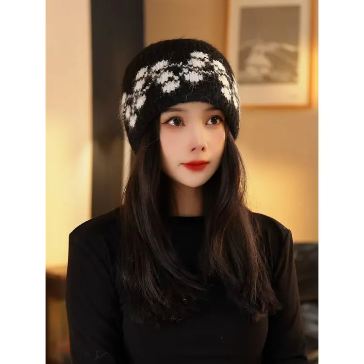 黑色针织帽女冬季保暖护耳冷帽显脸小时尚毛线帽包头帽