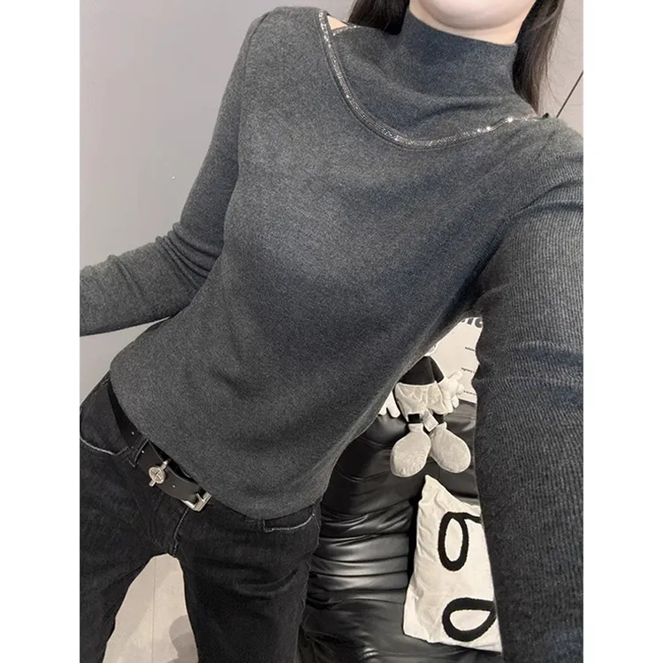 秋冬款半高领针织衫长袖女内搭气质修身时尚减龄毛衣镂空打底衫