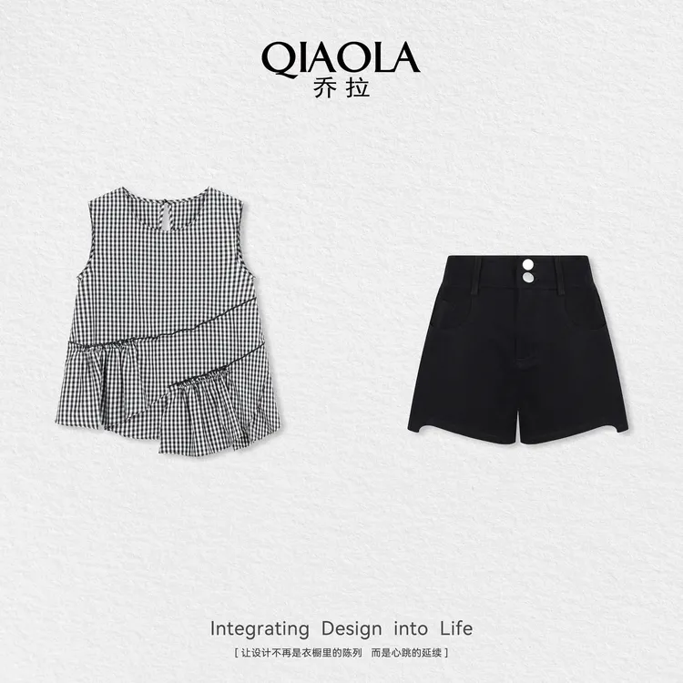 QIAOLA/乔拉【初恋缎带】夏梭织格纹无袖上衣百搭短裤时尚套装预售