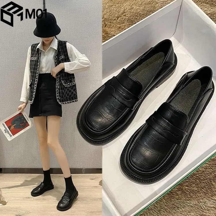 M01英伦风单鞋女2025新款秋季平底乐福鞋休闲百搭黑色一脚蹬