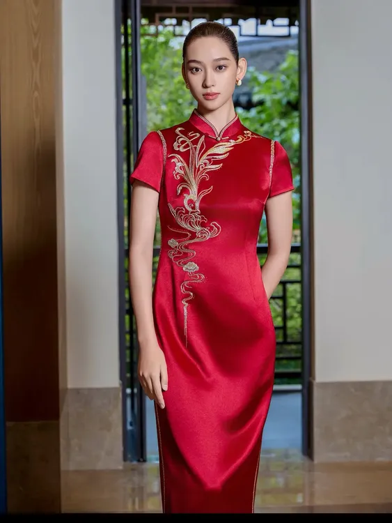 朱紫榆170273气质高贵中国风旗袍大码中长款修身红色显瘦复古中式
