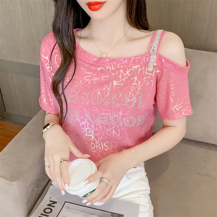 店铺露肩冰丝短袖恤女夏季新款感欧货小衫爆款小