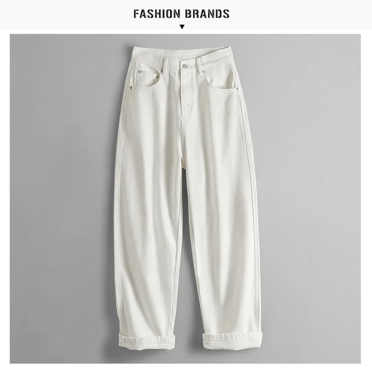 秋冬季宽松直筒牛仔裤男士白色纯棉宽松阔腿裤百搭修身长裤子