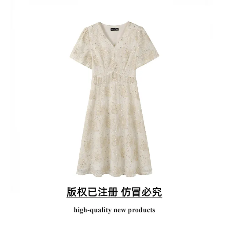 奢姿【柔情似水】大码女2025夏季时尚v领连衣裙胖妹妹气质减龄蕾丝