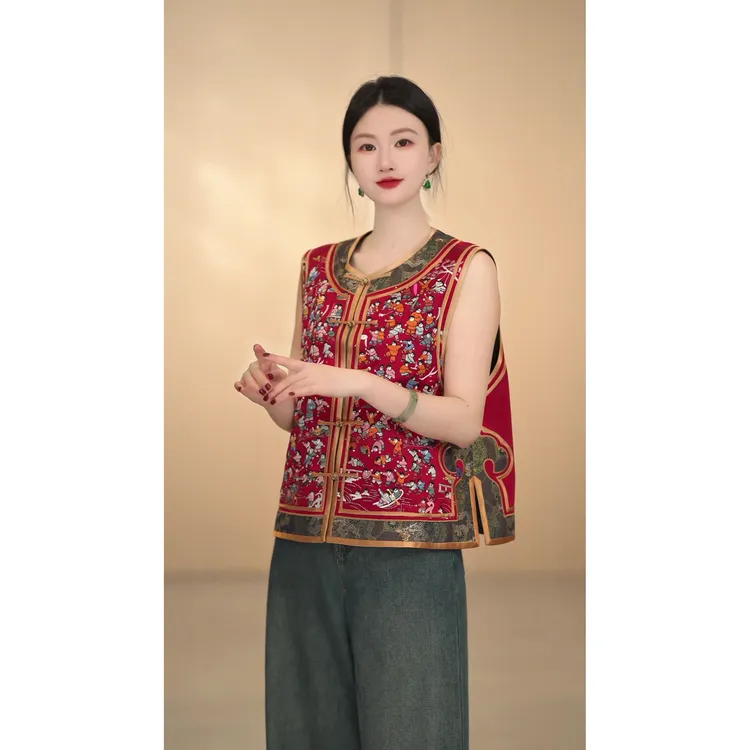 「百子图」新中式重工刺绣马甲时尚红色无袖百搭休闲日常短款提花