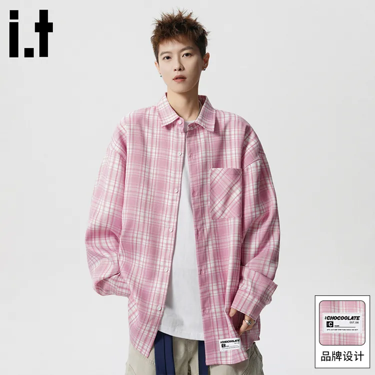 it:CHOCOOLATE格子长袖衬衫男士秋季新款设计感宽松粉色翻领衬衣