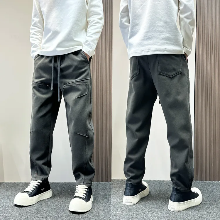 设计感拼接显瘦直筒休闲裤男士秋冬新款宽松微锥小脚加绒牛仔裤子