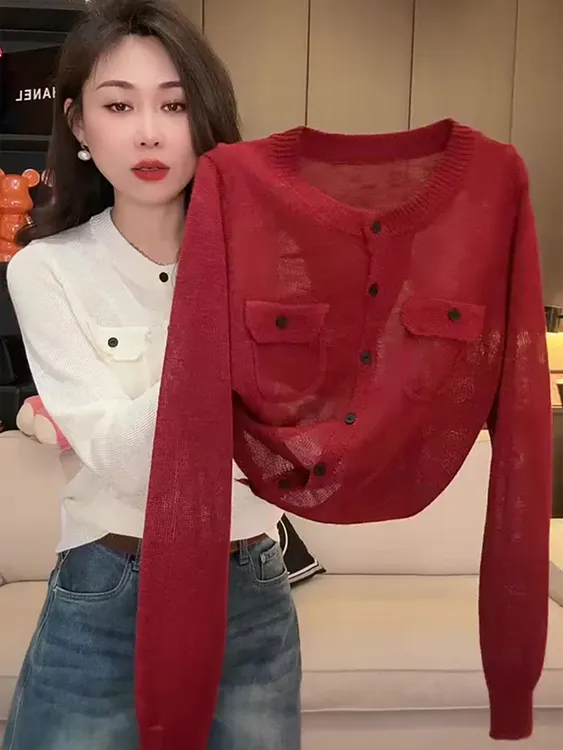 欧货温柔风百搭红色圆领长袖针织衫新款减龄显瘦上衣女2025年早秋
