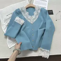 湖水蓝~~进口软蕾丝拼接！！气质担当 显白针织衫Y8408蓝
