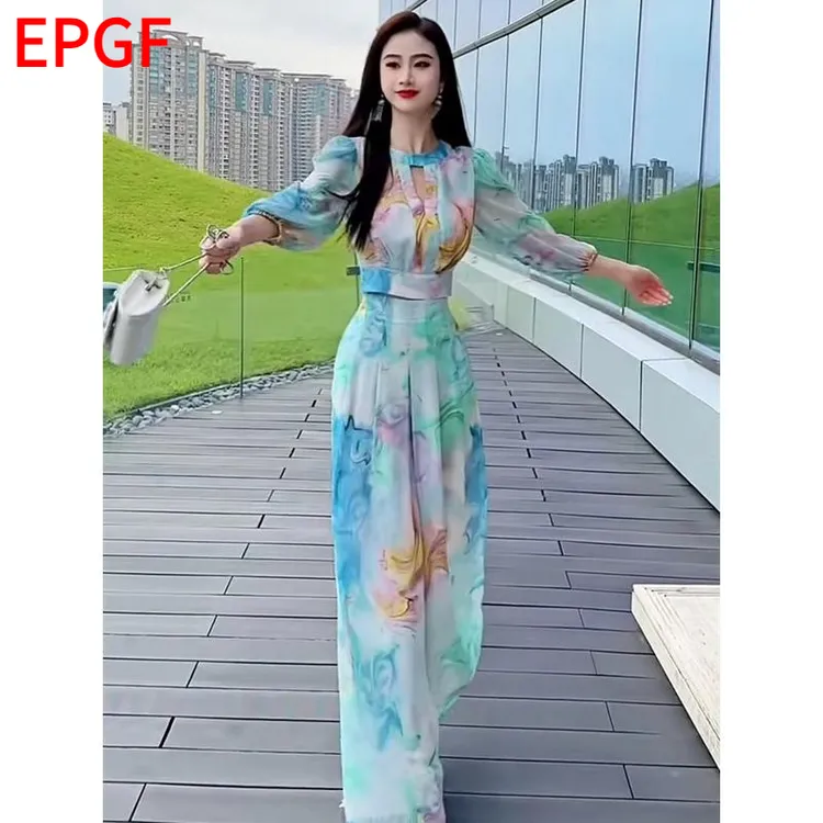 EPGF炸街网红爆款两件套2025秋季新款花色雪纺长袖上衣高腰阔腿裤