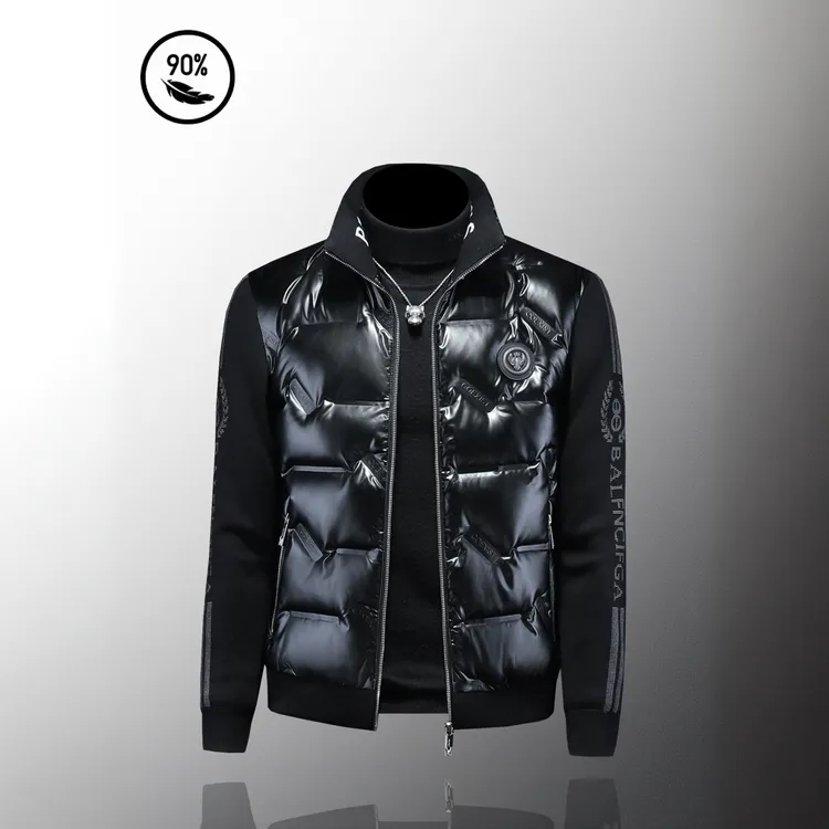 针织袖拼接亮面羽绒服男潮流修身短款立领白鸭绒保暖外套冬款上衣