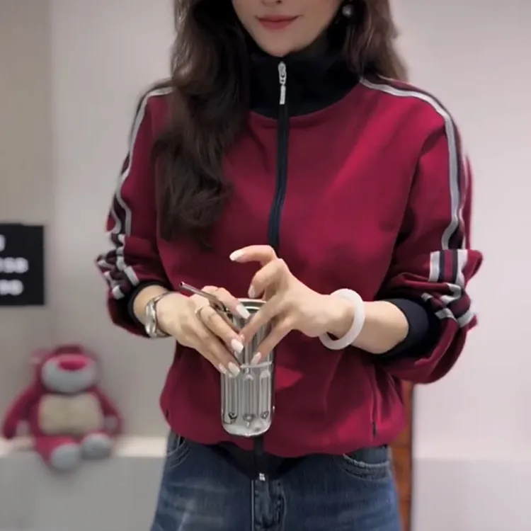 立领秋季拉链长袖休闲风女短外套时尚拼色百搭运动小外套夹克卫衣