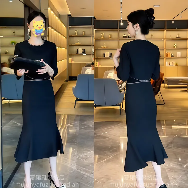 气质时尚连衣裙女25秋季圆领七分袖收腰修身显瘦设计感包臀鱼尾裙