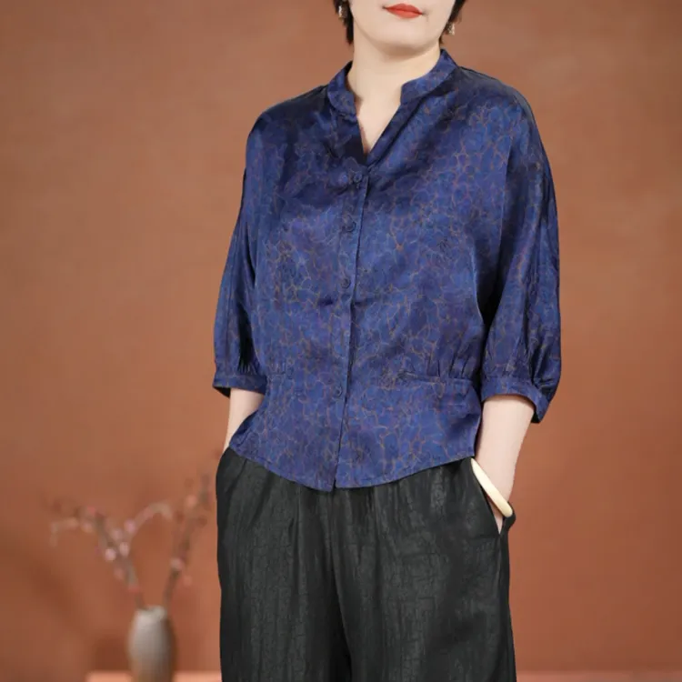 夜兰·香云纱双面穿上衣桑蚕丝6A真丝中袖提花女复古宽松小衫夏季