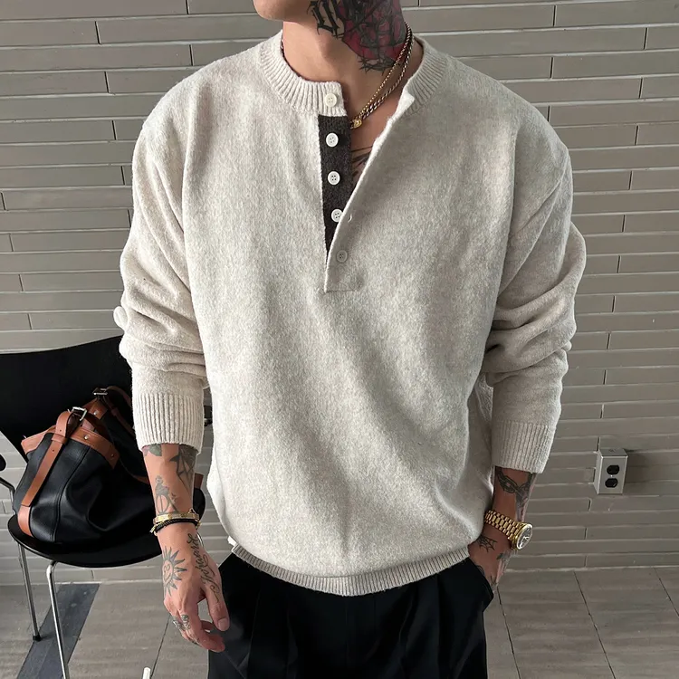 OXFREAK「撞色拼接排扣」老钱风亨利领毛衣男秋冬保暖内搭针织衫