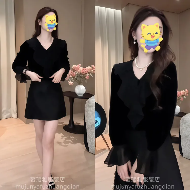 黑色上衣女V领2025年秋季新款韩版时尚简约风好看显瘦长袖T恤