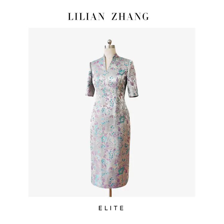 E系列“定制”—「东方意蕴」——“中式老钱”——银灰织锦花连衣裙 2501005