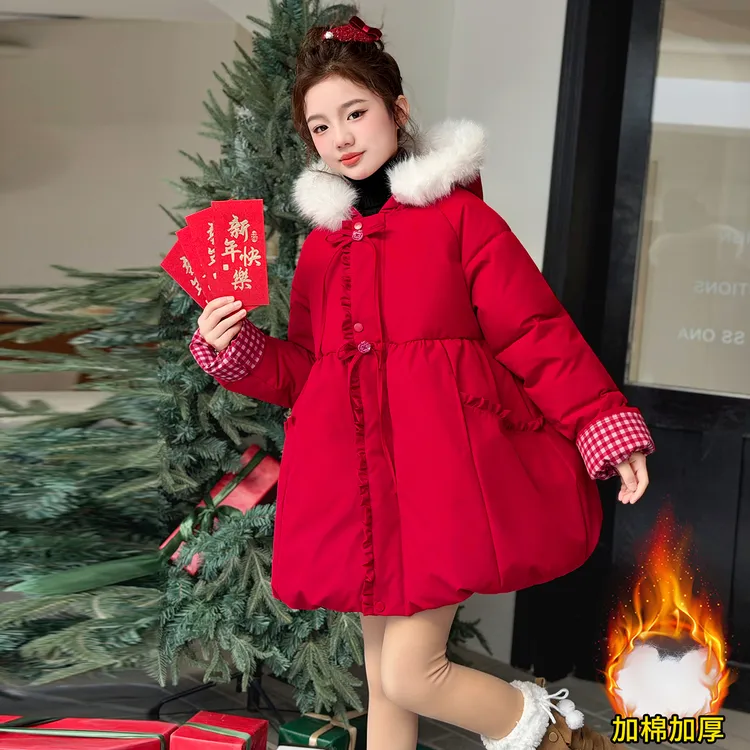 女童冬季拜年服红色棉服2026新款甜美可爱圣诞过年喜庆连帽厚外套