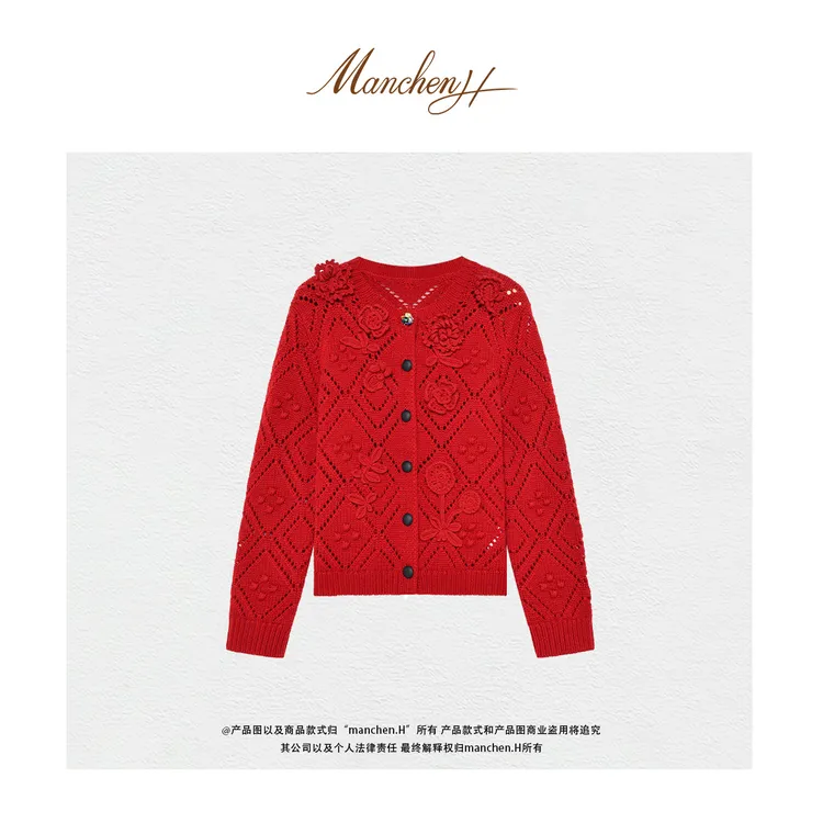 曼辰manchenh"新岁礼物"原纱100羊绒7针纯手工钩花羊绒开衫